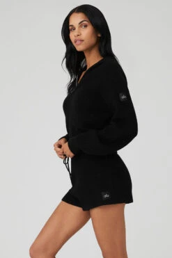 Cashmere Plush Waffle Full Zip Hoodie - Black -Alo Fashion Store W3741R 01 b1 s1 a3 1 m18