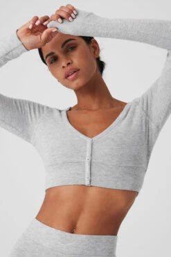 Alolux Cropped Me Time Cardigan - Athletic Heather Grey 9 Alolux Cropped Me Time Cardigan - Athletic Heather Grey -Alo Fashion Store W3775R 02910 b1 s1 a4 1 m18