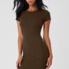 Goddess Ribbed Short Sleeve Dress - Espresso -Alo Fashion Store W8201R 04640 b1 s1 a1 1 m18